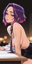 1girls ai_generated arched_back bare_shoulders bent_over blush boku_no_hero_academia close-up covered_nipples female half-closed_eyes indoors kaina_tsutsumi lady_nagant leaning_forward leaning_on_table looking_at_viewer loose_necktie medium_breasts midriff molamaxuy multicolored_hair my_hero_academia naughty_face necktie office_lady papers parted_lips pencil_skirt perfect_body pink_hair provocative purple_eyes purple_hair sexy short_hair side_view skinny solo standing teasing topless white_pupils white_shirt
