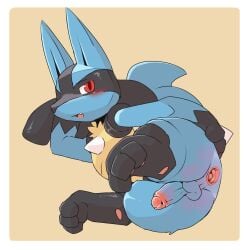 1:1 2019 3_fingers 3_toes anthro anus balls biped black_body black_fur black_inner_ear black_markings blue_balls blue_body blue_fur blue_penis blue_tail blush blush_lines border canid canine chest_spike digital_drawing_(artwork) digital_media_(artwork) erection facial_markings fangs feet fingers foreskin fur gaping gaping_anus generation_4_pokemon genitals glans glistening glistening_body glistening_eyes gloves_(marking) hand_on_butt hand_on_head hand_on_own_butt hand_on_own_head hand_spike head_markings hi_res humanoid_genitalia humanoid_penis looking_at_viewer lucario lying male male_anthro mammal markings mask_(marking) mismatched_genitalia mismatched_humanoid_penis mismatched_penis multicolored_body multicolored_fur neck_tuft nintendo nude nude_anthro nude_male on_side open_mouth orange_background penis pink_anus pink_glans pink_penis pointy_ears pokemon pokemon_(species) prick_ears pu_sukebe red_eyes retracted_foreskin simple_background solo spikes spikes_(anatomy) tail teeth toes tongue tuft white_border yellow_body yellow_fur