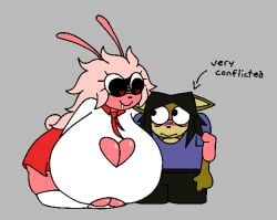 1boy 1boy1girl 2024 2d 2d_(artwork) 2d_artwork big_breasts big_tits bigger_female black_pants blue_t-shirt blush boob_window breasts_bigger_than_head bunny_girl cat_boy cat_humanoid catboy cleavage cleavage_cutout clothed clothing drooling ears_down feline female gremlingrounded handkerchief heart-shaped_boob_window heart_eyes holding_partner lagomorph lagomorph_humanoid long_hair original pants pink_body pink_hair poly_(gremlingrounded) rabbit_girl red_skirt shirt simple_background skirt slug_(gremlingrounded) smaller_male stockings t-shirt white_shirt yellow_body