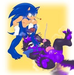 absurd_res animal_genitalia animal_penis anthro anthro_on_anthro balls black_body black_fur blue_balls blue_body blue_eyes blue_fur blue_penis bodily_fluids canid canine canine_genitalia canine_penis canis cheek_tuft cum cumshot dripping duo ear_piercing ear_ring ejaculation eulipotyphlan facial_tuft feet foot_fetish foot_on_face fur genital_fluids genitals green_eyes grin hair hedgehog hi_res iamnotmetal knot lying male male/male mammal nipples on_back pawpads penis piercing pink_penis precum precum_drip purple_balls purple_body purple_fur purple_hair purple_pawpads ring_piercing sega short_hair simple_background smile sonic_(series) sonic_the_hedgehog sonic_the_hedgehog_(series) standing sweat sweaty_arms sweaty_balls sweaty_feet sweaty_genitalia sweaty_legs tail tail_motion tailwag tan_body tuft verne_nicolaio wolf yellow_background