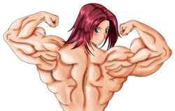 back biceps blush code_geass extreme_muscles female flex highres kallen_stadtfeld karen_kouzaki looking_back muscle muscles muscular muscular_female pose red_hair simple_background