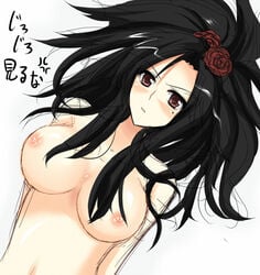 1girls beauty_mark black_hair blush breasts debora_briscoletti dragon_quest dragon_quest_v female female_only flower hair_ornament human kazumi_yoshizu long_hair medium_breasts midriff mole mole_under_eye nipples nude red_eyes rose solo uncensored