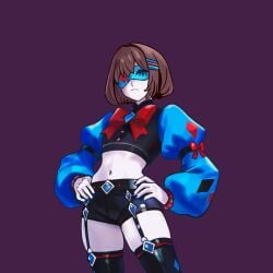 annoyed artlongon belt black_shorts black_thighhighs blue_crop_top blue_mask blue_sleeves blush boots brown_hair cleavage crop_top diamond_accessories female female_frisk female_only frisk frisk_(undertale) frown garter_belt hand_on_hip high_heeled_boots looking_at_viewer midriff navel pout puffy_sleeves red_bow short_hair shorts solo standing thighhighs undertale