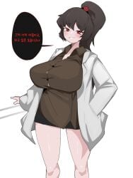 1girls big_breasts breasts brown_hair carmen_(lobotomy_corporation) female female_only korean_text labcoat large_breasts lobotomy_corporation looking_at_viewer meowbox ponytail project_moon red_eyes skirt smile solo tied_hair translation_request