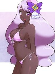 1girls :d african_female big_breasts bikini curvy_female dark-skinned_female female female_only jacinthe_(pokemon) long_hair pokemon pokemon_legends:_z-a pose purple_hair thick_thighs wide_hips yukari_(pokemon)