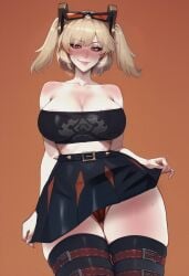 1girls ai_assisted bangs bare_shoulders black_legwear black_skirt blonde_hair blush breasts burnice_white cameltoe clothes_lift female gradient_background hikkaria hoyoverse lifted_by_self looking_at_viewer mole naughty_face nipples_peek pale-skinned_female pale_skin panties red_eyes short_twintails skindentation skirt skirt_lift smirk solo solo_female sweat thick_thighs tubetop zenless_zone_zero