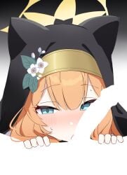animal_ears blue_archive blue_eyes commentary_request female flower hair_flower hair_ornament halo hand_on_another's_thigh highres licking light_blush looking_at_viewer mari_(blue_archive) meme negative_space nun_headdress orange_hair panda060 penis straight yellow_halo