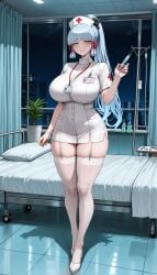 ai_generated big_breasts blue_hair genshin_impact grey_eyes hospital kamisato_ayaka night nurse ponytail stockings thick_thighs thighhighs