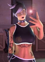 belly_button femscout femscout_(alt_design) glasses gym_clothes nerd nerdy_female punk punk_girl selfie sports_bra sports_shorts tattoos tomboy tummy woah