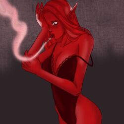 female greek_mythology lingerie_only lore_olympus minthe_(lore_olympus) red_body red_eyes red_hair red_skin smoking_cigar solo solo_female solo_focus
