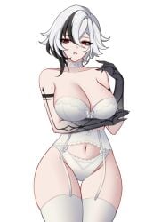 alternate_body_type alternate_breast_size arlecchino_(genshin_impact) arm_under_breasts big_breasts charlie_purrito curvy_figure cute_face female_only genshin_impact lingerie lingerie_only pale-skinned_female pale_skin thick_thighs white_hair wide_hips x_eyes