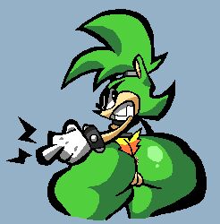 afrosoricid angry anus ass big_butt bottomwear breasts clothing female genitals gesture gloves hair hand_gesture handwear idw_publishing looking_back mammal middle_finger ponytail sabs sega sharp_teeth shorts simple_background sonic_(series) sonic_the_hedgehog_(comics) sonic_the_hedgehog_(idw) sonic_the_hedgehog_(series) surge_the_tenrec teeth tenrec vulva