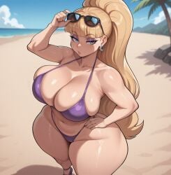 1girls ai_generated beach big_breasts bikini blonde_hair blue_eyes child_bearing_hips curvaceous curvy_female disney earrings eyeshadow female female_only glasses_on_head gravity_falls hand_on_hip high_heels hip_dips hips hourglass_figure large_breasts light-skinned_female light_skin long_hair outdoors pacifica_northwest ponytail smogai sunglasses sunglasses_on_head thick thick_thighs voluptuous voluptuous_female water wide_hips