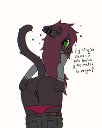 2026 absurd_res anthro ass blush blush_lines bottomwear bottomwear_down brown_body brown_fur clothed clothing crischar_foxito denim denim_bottomwear denim_clothing dialogue digital_drawing_(artwork) digital_media_(artwork) domestic_cat ear_piercing ear_tuft ears_down eyelashes felid feline felis female fur genitals green_eyes grey_bottomwear grey_clothing grey_jeans grey_pants grey_shirt grey_topwear hair hi_res insult insulting_viewer inviting inviting_to_sex inviting_viewer jeans jeans_down long_hair mammal open_mouth panties panties_down pants pants_down partially_clothed piercing pink_clothing pink_panties pink_underwear pivoted_ears presenting presenting_hindquarters presenting_vulva profanity purple_hair rear_view requesting sex_request shirt simple_background solo spanish_text spread_butt spreading star tail talking_to_viewer text topwear tuft underwear underwear_down vulva white_background