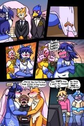 6_panel_comic absurd_res accessory anthro ariel_(deerkid) arm_tattoo avian balls bird black_nose blue_body blue_fur blue_hair blue_nipples blush blush_lines blushing_profusely breasts canid canine canis clothed clothed_male clothing comic covering covering_breasts covering_self deer deerkid dipstick_tail dress electronics falco_lombardi falcon falconid female flaccid flower flower_in_hair fox fox_mccloud fur furgonomics furniture genitals group hair hair_accessory hand_holding hare hi_res jewelry krystal_(star_fox) lagomorph leporid lucy_hare male male/female mammal marcus_mccloud markings navel necklace necktie nintendo nipples nude nude_anthro nude_female nude_male orange_body orange_fur penis pink_body pink_fur plant priest rabbit shocked smile sofa star_fox suit tail tail_accessory tail_markings tailband tan_body tan_fur tattoo television tribal tribal_markings tribal_tattoo wardrobe_malfunction watching_television watching_video wedding wedding_dress wedding_veil white_body white_fur