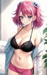 1girl ai-created ai_generated armpit_crease bare_shoulders black_bra blue_eyes blue_jacket blush bow bow_bra boyshort_panties boyshorts bra breasts cameltoe cleavage closed_mouth collarbone cowboy_shot female hair_between_eyes hair_ornament hiiragi_yuzu indoors jacket lace lace-trimmed_bra lace_trim large_breasts lingerie long_sleeves looking_at_viewer medium_hair multicolored_hair navel no_audio off_shoulder open_clothes open_jacket open_shirt pink_hair pink_panties pink_shorts pixiv plant removing_clothing rena_aikawa_(pixiv_user) seductive_smile shirt short_shorts short_twintails shorts smile solo stable_diffusion standing stomach tagme thigh_gap thighs twintails two-tone_hair underwear undressing video yu-gi-oh! yu-gi-oh!_arc-v