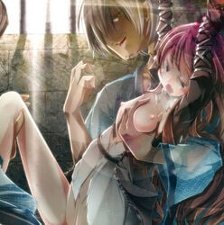 blush breast_grab breasts gradient_hair hijiri_byakuren long_hair male multicolored_hair short_hair silver_hair sugiyuu tears torn_clothes touhou