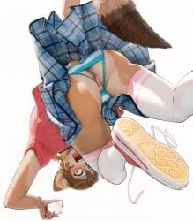 2026 5_fingers anthro anus ass backsack balls blush bottomwear brown_hair cellphone clothed clothing colored_nails digital_media_(artwork) domestic_cat electronics falling felid feline felis femboy fingers footwear fur genitals green_eyes hair hi_res holding_cellphone holding_object holding_phone holding_smartphone legwear low-angle_view male mammal monds nails panties pattern_bottomwear pattern_clothing pattern_skirt phone pink_nails plaid plaid_bottomwear plaid_clothing plaid_skirt rear_view redraw revealing_anus sharp_teeth shirt shoes simple_background skimpy skirt smartphone sneakers socks solo striped_clothing stripes surprised t-shirt tail tan_body tan_fur teeth thigh_highs thigh_socks topwear underwear upskirt white_background