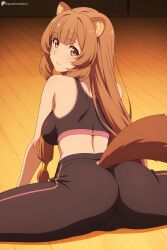 ai_generated animal_ear_fluff animal_ears ass bangs bare_shoulders blunt_bangs blush breasts brown_eyes brown_hair digitalwaifugallery eyebrows_visible_through_hair female from_behind hi_res high_quality high_resolution indoors large_breasts long_hair looking_at_viewer looking_back pants patreon patreon_username raccoon_ears raccoon_girl raccoon_tail raphtalia seductive sexy sitting solo tail tate_no_yuusha_no_nariagari uncensored watermark wooden_floor