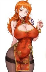 ai_assisted breasts chinese_clothes dress female female_only nami_(one_piece) nipples one_piece pantyhose plushyplant thunder_thighs