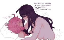 2female 2females 2girls bite_mark bite_mark_on_shoulder blush breasts commentary_request doki_doki_literature_club english_text high_quality high_resolution highres jealous large_breasts lesbian_couple long_hair medium_hair multiple_girls natsuki_(doki_doki_literature_club) nude open_mouth pink_eyes pink_hair pockiseisont purple_eyes purple_hair self-harm_scar short_hair spanish_commentary speech speech_bubble stressed sweat tears text uncomfortable under_covers yuri yuri_(doki_doki_literature_club)