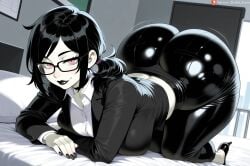 ai_generated arched_back ashley_graves astrawaifu bent_over big_ass big_breasts big_butt black_hair glasses huge_ass large_ass large_breasts looking_at_viewer office_clothing office_lady pale-skinned_female pink_eyes the_coffin_of_andy_and_leyley