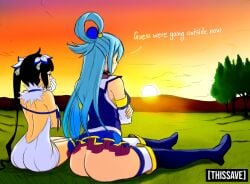 2026 2girls ai_assisted aqua_(konosuba) ass ass_crack ass_focus danmachi dungeon_ni_deai_wo_motomeru_no_wa_machigatteiru_darou_ka english_text female female_only field hestia_(danmachi) hill hills is_it_wrong_to_try_to_pick_up_girls_in_a_dungeon kono_subarashii_sekai_ni_shukufuku_wo! konosuba multiple_girls sitting sitting_on_floor sitting_on_ground sunset text thissave tree trees