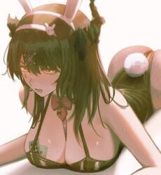 absurdres ace_(playing_card) ace_of_hearts animal_ear_hairband animal_ears ass asymmetrical_horns black_hair black_horns black_leotard bow bowtie breasts card cleavage commentary demon_horns detached_collar drooling english_commentary facial_mark fake_animal_ears fake_tail female fishnet_pantyhose fishnets hair_ornament hairband heart heart-shaped_pupils highres hololive hololive_english horns large_breasts leotard long_hair lying nerissa_ravencroft object_in_bra on_stomach open_mouth pantyhose pink_bow pink_bowtie playboy_bunny playing_card rabbit_ear_hairband rabbit_ears rabbit_hole_(vocaloid) rabbit_tail saliva solo sumosumo symbol-shaped_pupils tail teardrop_facial_mark uneven_horns virtual_youtuber x_hair_ornament