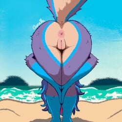 1:1 absurd_res anthro anus ascella ascella_(artist) ass_up beach bent_over big_butt black_claws blue_body blue_feet blue_fur blue_hair blue_hands blue_sky blush body_blush butt canid canine canis claws colored_line_art countershade_accent countershading feet female fur genitals gloves_(marking) hair hands_together hi_res highlights_(coloring) innie_vulva leg_markings looking_away mammal markings multicolored_body multicolored_fur multicolored_hair obscured_face outside pink_anus pink_hair praise_da_booty_(meme) purple_body purple_fur raised_tail sand sea sky socks_(marking) solo standing tail tan_body tan_countershading tan_fur thighs_together vulva vulva_blush water wolf