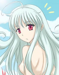 aliasse bare_shoulders blue_hair breasts female long_hair looking_back nipples nude red_eyes sky small_breasts solo syou syou_(crecre) valkyria_chronicles valkyria_chronicles_2