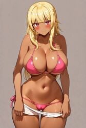1girl ai-created ai_generated bare_shoulders bikini blonde_hair blunt_bangs blush breasts cameltoe cleavage closed_eyes closed_mouth clothes_pull collarbone cowboy_shot dark-skinned_female dark_skin facing_viewer female female_only gokukoku_no_brynhildr grey_background gyaru hand_up hime_cut large_breasts long_hair looking_at_viewer navel no_audio pink_bikini pixiv red_eyes rena_aikawa_(pixiv_user) short_shorts shorts shorts_lift shorts_pull side-tie_bikini_bottom sidelocks simple_background skindentation solo stable_diffusion standing stomach string_bikini swimsuit tachibana_mina_(gokukoku_no_brynhildr) tagme tan thigh_gap thighs underboob video white_shorts