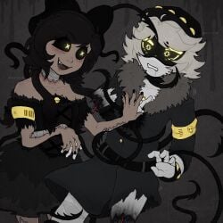 bondage captured cyn_(murder_drones) cyntessa_(murder_drones) dominant_female glowing_eyes hands_in_chest injury looking_afraid malesub murder_drones n_(murder_drones) prepare4surgery restrained restrained_by_tentacles robot_girl robot_humanoid teasing torture