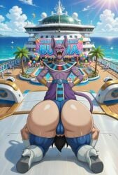2boys ai_generated backsack beerus big_ass big_butt birthday black_hair blue_leotard blue_stockings boat confident_pose cruise_ship daytime dominance dragon_ball dragon_ball_super femboy femboy_dilf feminine_male gay god_of_destruction grok hands_and_knees hands_on_hips heel_boots imminent_sex laughing male male_only muscular_arms on_hands_and_knees prostration saiyan submission sunny tail vegeta white_gloves