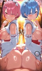 2girls 2girls1boy ai_generated areola areolae ass ass_focus ass_to_ass bangs bangs_over_one_eye blue_eyes blue_hair blunt_bangs blush blush_lines bob_hair breasts breasts_out butt_focus buttjob buttocks closed_mouth clothes_lift cum ejaculation erection eyebrows grabbing_another's_thighs half-closed_eyes illyfurina long_sleeves looking_at_viewer medium_breasts miko miko_outfit naughty naughty_face nipples orgasm penis pink_hair pixai projectile_cum puckered_lips ram_(re:zero) re:zero_kara_hajimeru_isekai_seikatsu red_eyes rem_(re:zero) seducing seduction seductive seductive_body seductive_expression seductive_eyes seductive_female seductive_gaze seductive_look seductive_mouth seductive_pose seductive_smile shiny_skin short_hair short_sleeves sisters sitting smile smiling smiling_at_viewer stable_diffusion sweat sweatdrop sweating thighs thong threesome wet wet_body wet_skin