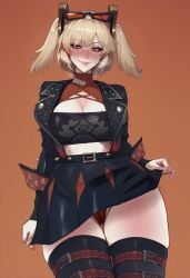 1girls ai_assisted bangs black_jacket black_legwear black_skirt blonde_hair blush breasts burnice_white cameltoe clothes_lift female gradient_background hikkaria hoyoverse jacket lifted_by_self looking_at_viewer mole naughty_face panties red_eyes short_twintails skindentation skirt skirt_lift smirk sweat thick_thighs zenless_zone_zero