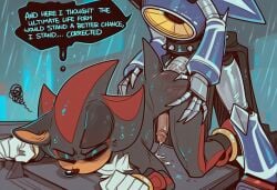 ai_generated all_fours anal anal_sex anthro anthro_on_anthro anthro_penetrated anthro_penetrating anthro_penetrating_anthro ass ass_up balls black_body black_fur blue_body blush bodily_fluids clothing cum dialogue doggy_style duo english_text erection eulipotyphlan fingers footwear from_behind_position fur genital_fluids genitals gloves hand_on_butt handwear hedgehog hi_res humanoid_genitalia humanoid_penis machine male male/male male_penetrated male_penetrating male_penetrating_male mammal metal_sonic monotreme mostly_nude narrowed_eyes neo_metal_sonic penetration penis piercing precum raining red_body red_fur robot sega sex shadow_the_hedgehog sonic_(series) sonic_the_hedgehog_(series) speech_bubble sweat text twinkaton