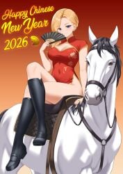 asymmetrical_hair azur_lane bangs black_footwear blonde_hair blue_eyes blush boots breasts china_dress chinese_clothes cleavage cleavage_cutout closed_mouth clothing_cutout covered_navel crossed_legs dress earrings eyebrows_visible_through_hair female folding_fan gold_trim gradient_background hair_over_shoulder hand_fan happy_new_year holding holding_fan hood_(azur_lane) horse jewelry kneehighs large_breasts long_hair looking_at_viewer medium_breasts nail_polish new_year orange_background parallelrey pelvic_curtain red_background red_dress riding riding_boots short_sleeves sitting smile solo thighs