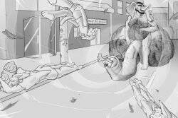 absurd_res anthro ball_bulge balls beard belly_hair big_balls big_penis body_hair canid canine canis casual_nudity casual_vore city city_background cock_vore debris domestic_cat domestic_dog elephant elephantid emanata equid equine facial_hair felid feline felis flaccid genitals gore hairy hairy_balls hi_res horse huge_balls huge_cock hyper hyper_balls hyper_genitalia hyper_penis looking_away male mammal mass_vore monochrome moobs multiple_prey muscular muscular_anthro muscular_male nommsalotl nude overweight penile penis proboscidean proboscis_(anatomy) reaching_towards_another scared scratching_belly speed_lines suction trunk_(anatomy) tusks unwilling_prey vacuum_vore vore wanted_poster
