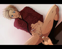 abs against_wall anal anal_fingering arms_behind_back axis_powers_hetalia bara blonde_hair blue_eyes blush censored denmark_(hetalia) erect erection fingering footwear gay male male_only muscle muscles necktie penis red_shirt socks spread_legs sweat tie underwear yaoi