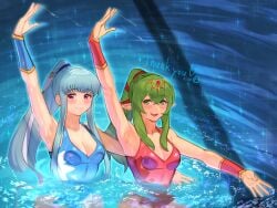 2girls :d alluring alternate_costume alternate_hairstyle arm_up armpits arms_up bare_arms blue_hair blue_one-piece_swimsuit blue_wrist_cuffs breasts cleavage commentary_request commission dancing dragon duet fire_emblem fire_emblem:_the_blazing_blade fire_emblem_awakening green_eyes green_hair grin hair_ornament hand_up highres long_hair looking_at_viewer matching_outfits matching_pose medium_breasts mixed-language_commentary multiple_girls ninian_(fire_emblem) nintendo one-piece_swimsuit open_mouth partially_submerged pointy_ears ponytail pool r123 red_eyes red_one-piece_swimsuit red_ribbon red_wrist_cuffs ribbon skeb_commission smile sparkle swimming swimsuit synchronized_swimming tiki_(adult)_(fire_emblem) tiki_(fire_emblem) tiki_(fire_emblem)_(adult) very_long_hair water wet wrist_cuffs