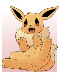 2025 4_fingers 4_toes anus black_inner_ear black_nose blush blush_lines bodily_fluids border brown_body brown_eyes brown_fur brown_tail digital_drawing_(artwork) digital_media_(artwork) dipstick_tail eevee fangs feet female female_feral feral fingers fur generation_1_pokemon genitals glistening glistening_eyes gradient_background hi_res innie_vulva markings multicolored_body multicolored_fur multicolored_tail neck_tuft nintendo open_mouth outside_border paws pink_background pointy_ears pokemon pokemon_(species) prick_ears pu_sukebe quadruped saliva saliva_string simple_background solo spread_legs spreading tail tail_markings tan_body tan_fur tan_tail tan_tail_tip teeth toes tongue tongue_out tuft vulva white_background white_border