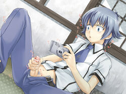 1boy 2d baka_to_test_to_shoukanjuu bar_censor belt blue_eyes blue_hair blush camera censored japanese_text jerking kyouta_(a01891226) male male_only masturbating masturbation motion_lines necktie nosebleed onomatopoeia penis penis_out pubic_hair school_uniform schoolboy short_hair solo tie tsuchiya_kouta twink