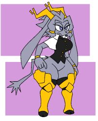 2024 2d 2d_(artwork) 2d_artwork black_shirt blue_eyes bracelet button_up_shirt clothed clothing ears_down female female_focus female_only full_body goat goat_girl gold_bracelet greaves gremlingrounded grey_body grey_fur hair_rings hooves horns leg_armor legwear pseudoregalia solo solo_female solo_focus sybil_(pseudoregalia) yellow_horns