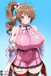 1female 1girls 2026 ahoge ai_generated alternate_breast_size animal_ears ardelia_(arknights:_endfield) arknights arknights:_endfield artist_name bangs bare_shoulders big_ass big_breasts black_thighhighs blue_background blush bow breasts brown_hair closed_mouth coat covered_navel curvy detached_sleeves dress female female_only gloves gradient gradient_background hair_ornament hairclip hi_res high_quality high_resolution highres horns huge_ass huge_breasts long_hair looking_at_viewer off_shoulder open_clothes open_coat patreon patreon_username red_eyes sheep_ears sheep_girl sheep_horns short_dress side_ponytail sideboob simple_background smile solo sweat thighhighs thighs unjobdespiert watermark white_bow white_coat wide_sleeves