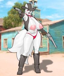 anthro areola belly big_areola big_breasts big_tail blue_eyes boots breasts canid canine chocodile_xl_(artist) clothing cowboy_boots cowboy_hat detailed_background fan_character female fluffy fluffy_tail footwear fox fur gloves gun handgun handwear hat headgear headwear hi_res huge_areola huge_breasts lipstick makeup mammal nipples panties pointing_gun ranged_weapon revolver sharp_teeth shoes smile solo tail teeth underwear weapon white_body white_fur