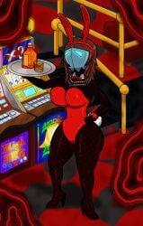 2025 after_transformation bare_shoulders big_breasts black-skinned_female black_heels black_skin black_skinned_female bowtie brown_hair bunny_ears bunny_ears_headband bunny_tail bunny_waitress cameltoe casino fake_bunny_ears fake_bunny_tail female female_only fishnet_legwear fishnet_stockings fishnets heels holding_tray kashiwagi_noriko leotard long_hair mask masked masked_female necklace nipple_bulge pearl_necklace persona persona_4 persona_5 post-transformation red_bowtie red_fishnets red_leotard shadow_(persona) shadow_waitress thick_thighs transformation tray wide_hips