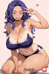 1girls ai_generated alternate_hairstyle big_ass big_breasts gym_clothes huge_ass huge_breasts kaelyth lady_nagant long_hair my_hero_academia purple_hair tan_body tongue_out wink