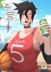 1girls artist_name basketball basketball_(ball) basketball_court basketball_jersey basketball_uniform bawling beverage beverage_can big_breasts black_hair blush bubble_text character_name choker collar dark-skinned_female defal_hady_(artist) elbow_sleeve elbow_sleeves emoticon holding_beverage illia illia_(defal_hady) indonesian indonesian_text large_breasts looking_at_viewer oc original original_character outdoors pien purple_eyes sweat text_bubble tomboy watermark