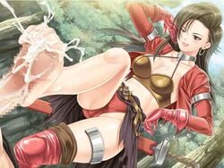 aida_maki aira barefoot bikini_armor brown_hair censored choker clothing collar cum dragon_quest dragon_quest_vii earrings feet femdom footjob jpeg_artifacts long_hair looking_down penis small_breasts standing standing_footjob tongue tongue_out weapon