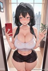 ahoge ai_generated alternate_breast_size bare_shoulders black_hair black_shorts blue_eyes blush breasts cellphone cleavage collarbone covered_nipples crop_top curtains curvaceous curvaceous_body curvy curvy_body curvy_female female holding holding_phone indoors large_breasts long_hair looking_to_the_side low_twintails midriff mirror my_teen_romantic_comedy_snafu navel open_mouth patreon_username phone plant potted_plant reflection scinna self_upload selfie short_shorts shorts smartphone smile solo stable_diffusion standing stomach sweat tank_top thick_thighs thighs twintails voluptuous voluptuous_body voluptuous_female wide_hips window yahari_ore_no_seishun_lovecome_wa_machigatteiru. yukinoshita_yukino